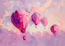 Schilderij van meerdere roze luchtballonnen zwevend in een pastelkleurige lucht