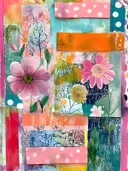 Collageschilderij met roze bloemen, botanische lijntekeningen en gestippelde stroken in roze, oranje en teal