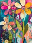 Kleurrijke bloemencollage met grote roze en oranje bloemen op een blauwgroene achtergrond