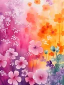 Aquarel schilderij van kleine bloesems op een ombre-achtergrond in roze, oranje en paars