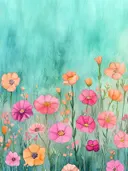Aquarel met roze, oranje en paarse klaprozen op een turquoise achtergrond