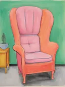 Illustratie van een oranje oorfauteuil met roze kussens tegen een groene muur.
