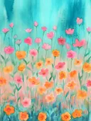 Aquarel schilderij van roze en oranje veldbloemen op een turkooizen achtergrond