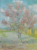 Roze perzikbomen ('Souvenir de Mauve') van Vincent van Gogh: landschap met perzikboom, bloesem, lente en veld, in roze en lichtblauw
