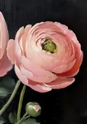 Schilderij van een roze pioenroos in het donker