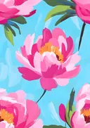 Schilderij van een roze pioenroos op turquoise achtergrond