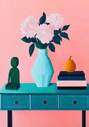 Stilleven schilderij van roze pioenrozen in een vaas