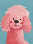 Illustratie van een roze poedel met blozende wangen op een blauwe achtergrond
