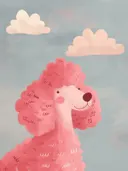 Schilderij van een roze poedel met wolken op de achtergrond