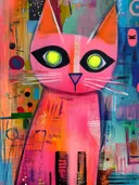 Roze pop-art kat met felgele ogen tegen een kleurrijke abstracte achtergrond