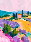Schilderij van Provençaals landschap met lavendelvelden en cipressen
