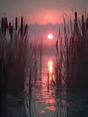 Roze rietmoeras bij zonsondergang, landschap schilderij