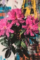 Schilderij van roze rododendronbloemen tegen een kleurrijke graffiti-achtergrond