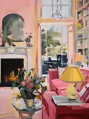 Roze salon-interieur met open haard, een boeket rozen en doorkijk naar een tuinkamer.
