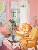 Interieurschilderij van een woonkamer met roze muren en gele fauteuils bij een raam