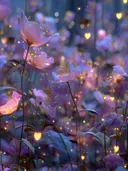 Schilderij van roze bloemen in de schemering met gloeiende hartjes van licht