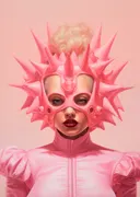 Vrouw met roze stekelmasker schilderij, futuristisch portret