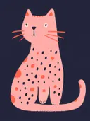 Illustratie van een roze kat met stippen op donkerblauwe achtergrond, kinderkamer schilderij