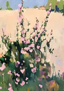 Schilderij van roze stokrozen in een tuin