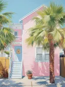 Roze huis met blauwe deur en palmbomen ervoor.