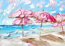 Impasto schilderij van roze strandparasols aan een blauwe zee onder een bewolkte lucht