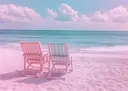 Foto van twee strandstoelen op roze zand met turquoise zee en wolkenlucht