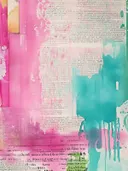 Abstract schilderij met roze en teal verfwaas over krantenpapier met groen accent