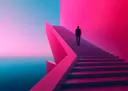 Surrealistisch schilderij van een persoon die een roze trap oploopt naar zee en horizon