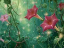 Schilderij van roze trompetbloemen aan ranken in een lentebos