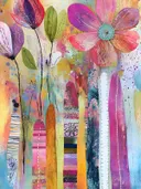 Schilderij met roze en paarse tulpen en een grote roze-oranje bloem met gestikte details op kleurrijke achtergrond