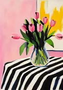 Schilderij van roze tulpen in een glazen vaas
