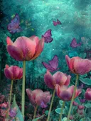 Schilderij van roze tulpen met paarse vlinders onder een sterrenhemel