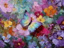 Schilderij van een roze-turkooizen vlinder tussen kleurrijke bloemen
