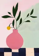 Schilderij van een roze vaas met groene twijg op een geblokte ondergrond