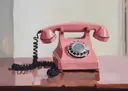 Schilderij van een roze vintage draaischijftelefoon met krulsnoer op een tafel