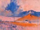 Schilderij: roze vlakte met een oranje berg