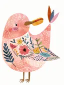 Schilderij van een roze vogel met bloemenpatroon en een hotdog in de snavel