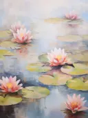 Impressionistisch schilderij van roze waterlelies drijvend op een vijver tussen bladeren.