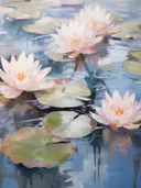 Roze waterlelies drijvend op blauw vijverwater.