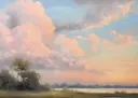 Roze wolkenlucht boven het veld, landschap schilderij