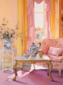 Roze woonkamer met blauwe vazen, stilleven schilderij