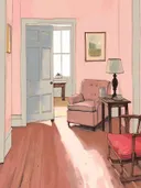 Interieurillustratie van een roze zitkamer met fauteuil en openstaande deur.