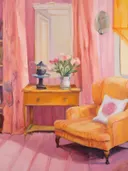 Roze zithoek met oranje fauteuil, stilleven schilderij