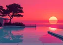 Minimalistische illustratie van een infinity pool bij zonsondergang