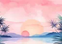 Illustratie van een roze zonsondergang boven een meer met bergen en palmbladeren