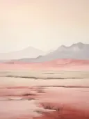 Minimalistisch landschapsschilderij van een roze zoutvlakte met bergen op de achtergrond.