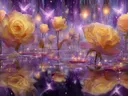 Schilderij van gele rozen bij een vijver met lichtgevende wezentjes