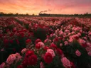 Landschapsfoto van rozen bij de zonsondergang, met een stoomtrein in de verte