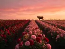Landschapsfoto van rozen bij de zonsondergang, met een koe aan de rand van het veld