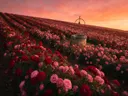 Landschapsfoto van rozen bij de zonsondergang, met een oude waterput